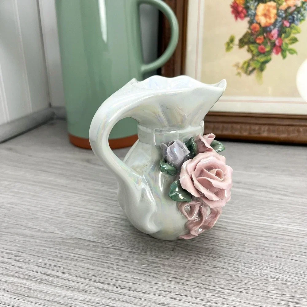 Vintage Iridescent Ceramic Rose Pitcher: 3D Floral‎ Vase